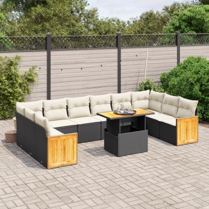 Set canapele de grădină cu perne, 11 piese, negru, poliratan GartenMobel Dekor