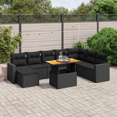 Set mobilier de grădină cu perne, 9 piese, negru, poliratan GartenMobel Dekor