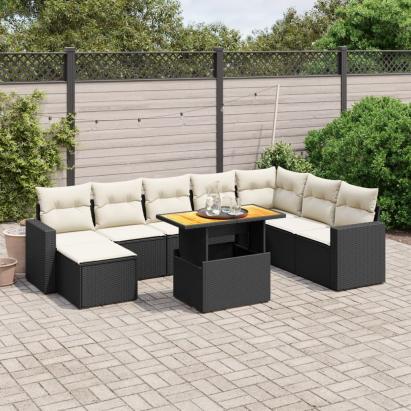 Set mobilier de grădină cu perne, 9 piese, negru, poliratan GartenMobel Dekor