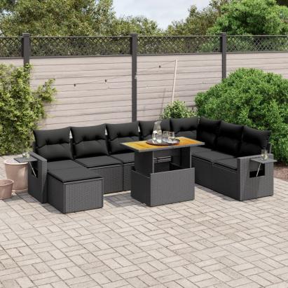 Set mobilier de grădină cu perne, 9 piese, negru, poliratan GartenMobel Dekor