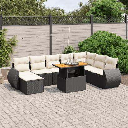 Set mobilier de grădină cu perne, 9 piese, negru, poliratan GartenMobel Dekor