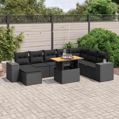 Set mobilier de grădină cu perne, 9 piese, negru, poliratan GartenMobel Dekor