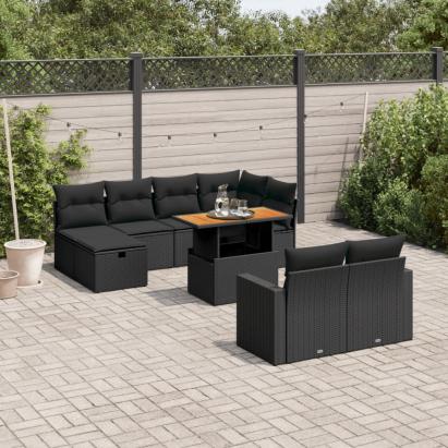 Set canapele de grădină cu perne, 11 piese, negru, poliratan GartenMobel Dekor