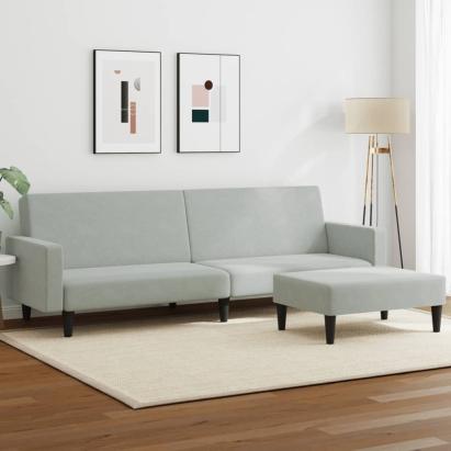 Canapea extensibilă cu taburet, 2 locuri, gri deschis, catifea GartenMobel Dekor