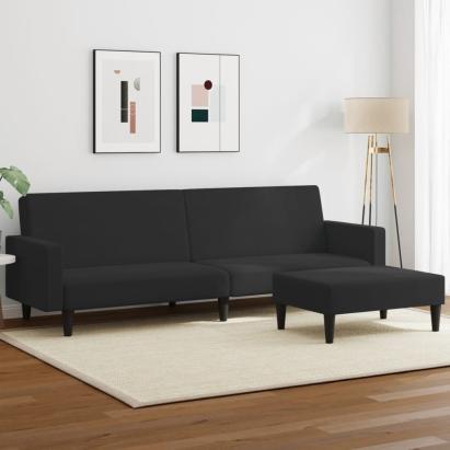 Canapea extensibilă cu taburet, 2 locuri, negru, catifea GartenMobel Dekor