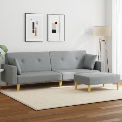 Canapea extensibilă cu taburet, 2 locuri, gri deschis, textil GartenMobel Dekor