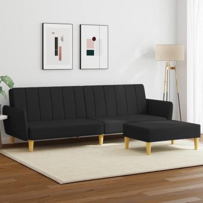 Canapea extensibilă cu taburet, 2 locuri, negru, textil GartenMobel Dekor