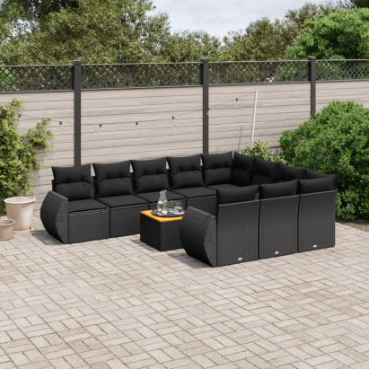 Set canapele de grădină cu perne, 11 piese, negru, poliratan GartenMobel Dekor