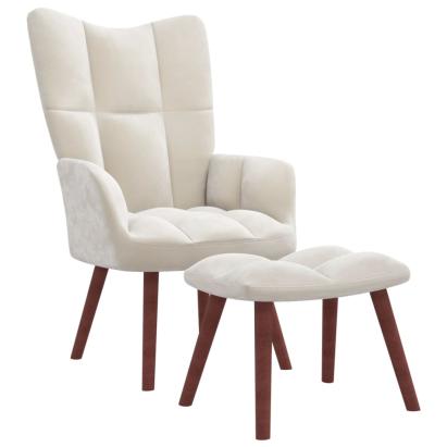 Scaun de relaxare cu taburet, alb crem, catifea GartenMobel Dekor