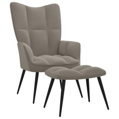 Scaun de relaxare cu taburet, gri deschis, catifea GartenMobel Dekor