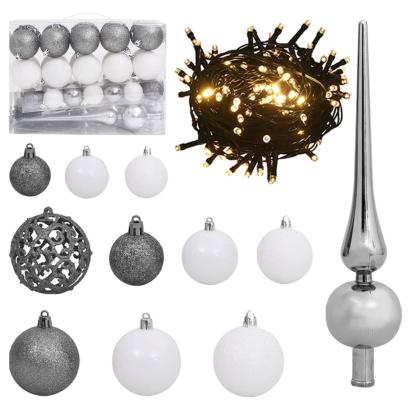 Set globuri Crăciun cu vârf & 150 LED-uri 61 piese alb & gri GartenMobel Dekor