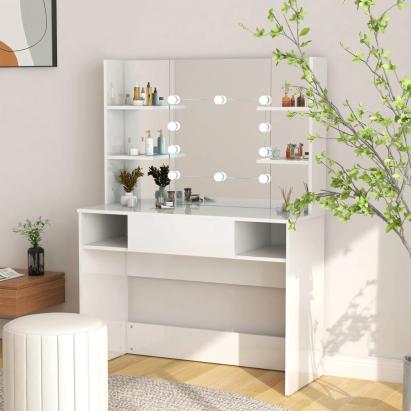 Masă de machiaj cu lumini LED, alb lucios, 100x40x135 cm, MDF GartenMobel Dekor