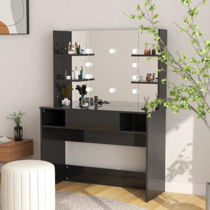Masă de machiaj cu lumini LED, negru lucios, 100x40x135 cm, MDF GartenMobel Dekor