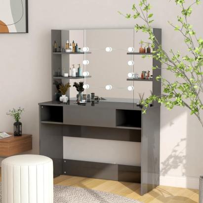 Masă de machiaj cu lumini LED, gri lucios, 100x40x135 cm, MDF GartenMobel Dekor