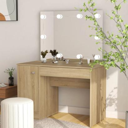 Masă de machiaj cu lumini LED, stejar, 110x55x145 cm, MDF GartenMobel Dekor