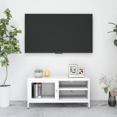 Dulap TV, alb, 90x30x44 cm, oțel și sticlă GartenMobel Dekor