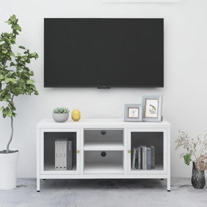 Dulap TV, alb, 105x35x52 cm, oțel și sticlă GartenMobel Dekor