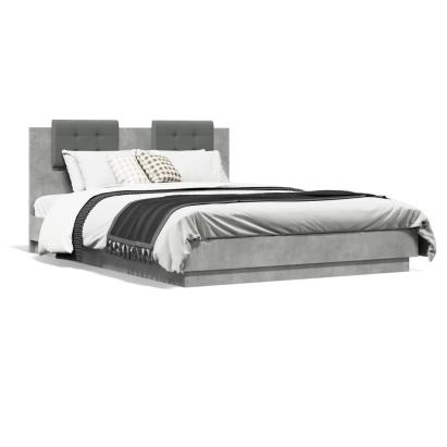 Cadru de pat cu tăblie și lumini LED, gri beton, 150x200 cm GartenMobel Dekor