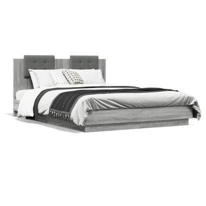 Cadru de pat cu tăblie și lumini LED, gri sonoma, 150x200 cm GartenMobel Dekor