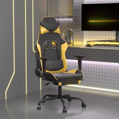 Scaun de gaming cu masaj/suport picioare negru/auriu piele eco GartenMobel Dekor