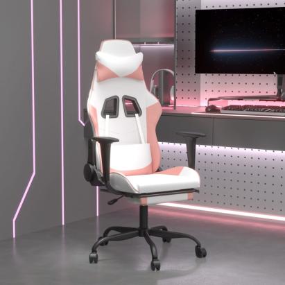 Scaun gaming de masaj/suport picioare, alb/roz, piele ecologică GartenMobel Dekor
