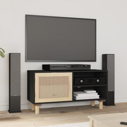 Comodă TV, negru, 80x30x40 cm, lemn masiv pin și ratan natural GartenMobel Dekor