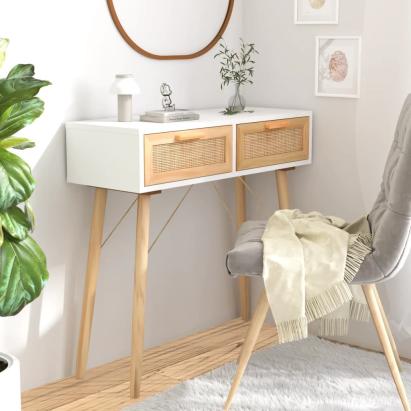 Masă consolă alb 80x30x75 cm lemn masiv pin și ratan natural GartenMobel Dekor