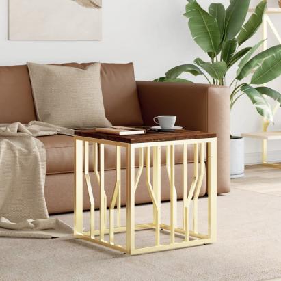Măsuță de cafea, auriu, oțel inoxidabil și lemn masiv reciclat GartenMobel Dekor