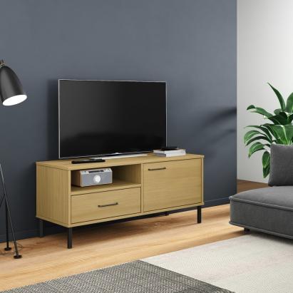 Comodă TV cu picioare metalice OSLO, maro, lemn masiv pin GartenMobel Dekor