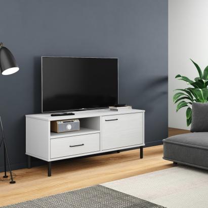 Comodă TV cu picioare metalice „OSLO”, alb, lemn masiv pin GartenMobel Dekor