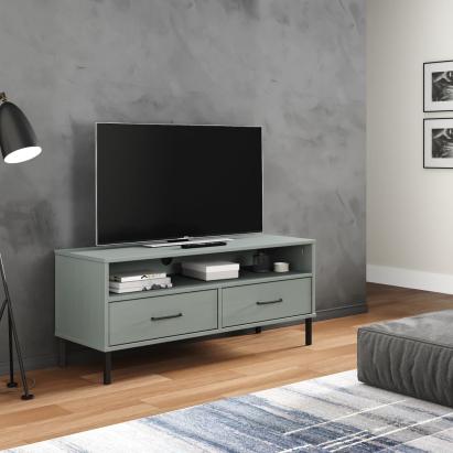 Comodă TV cu picioare metalice „OSLO”, gri, lemn masiv pin GartenMobel Dekor