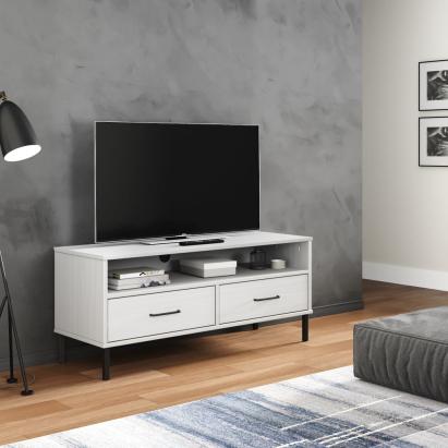 Comodă TV cu picioare metalice „OSLO”, alb, lemn masiv pin GartenMobel Dekor