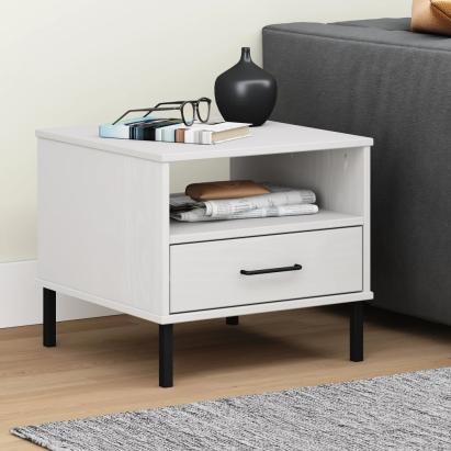 Noptieră cu picioare metalice „OSLO”, alb, lemn masiv pin GartenMobel Dekor