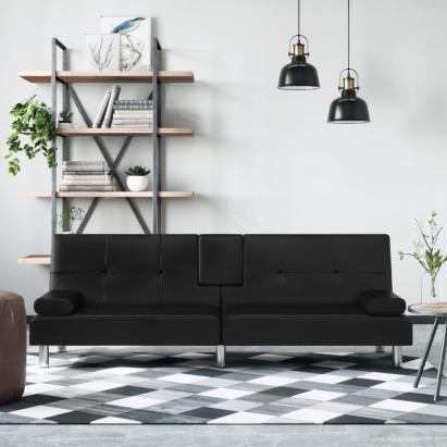 Canapea extensibilă cu suporturi pahare, negru, piele ecologică GartenMobel Dekor