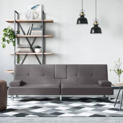 Canapea extensibilă cu suporturi pahare, gri, piele ecologică GartenMobel Dekor
