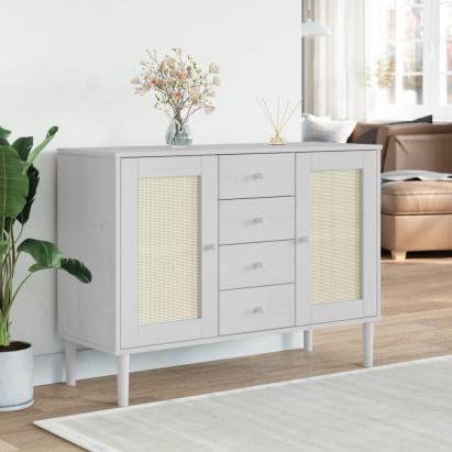Servantă SENJA, aspect ratan alb, 112x40x80 cm, lemn masiv pin GartenMobel Dekor
