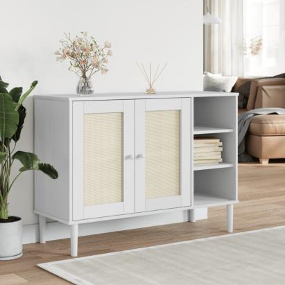 Servantă SENJA, aspect ratan alb, 112x40x80 cm, lemn masiv pin GartenMobel Dekor