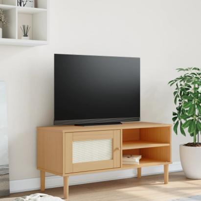 Comodă TV SENJA aspect ratan maro, 106x40x49 cm, lemn masiv pin GartenMobel Dekor