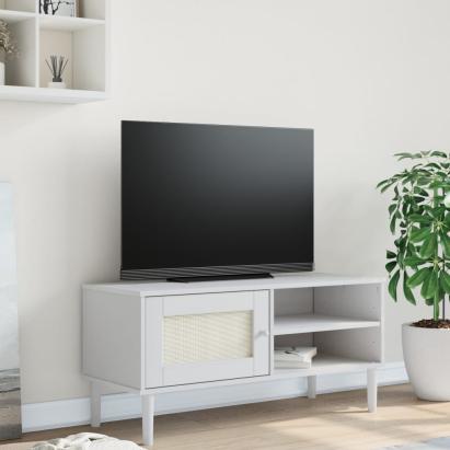 Comodă TV SENJA aspect ratan alb, 106x40x49 cm, lemn masiv pin GartenMobel Dekor