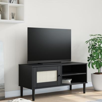 Comodă TV SENJA aspect ratan negru 106x40x49 cm lemn masiv pin GartenMobel Dekor