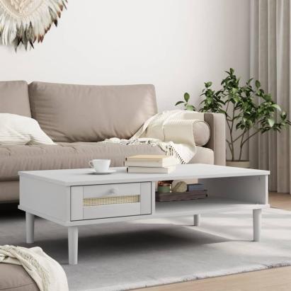Masă de cafea SENJA aspect ratan alb 100x55x33 cm lemn masiv GartenMobel Dekor