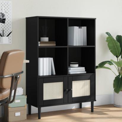 Bibliotecă SENJA aspect ratan negru 90x35x130 cm lemn masiv pin GartenMobel Dekor