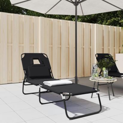 Șezlong pliabil negru țesătură Oxford&oțel vopsit electrostatic GartenMobel Dekor