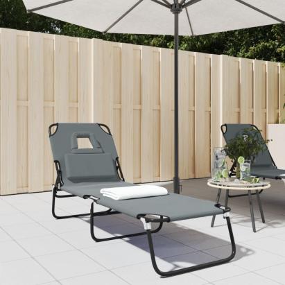 Șezlong pliabil gri țesătură Oxford & oțel vopsit electrostatic GartenMobel Dekor