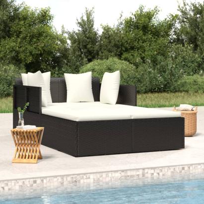 Șezlong cu perne, negru, 182x118x63 cm, poliratan GartenMobel Dekor