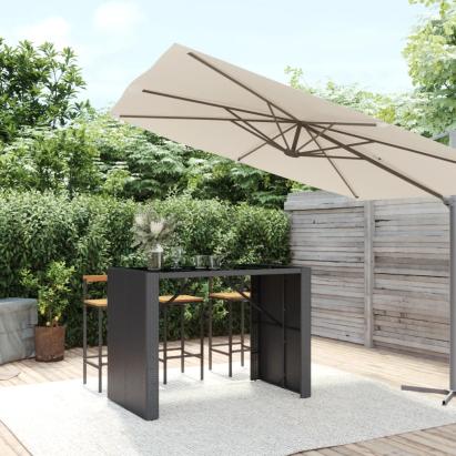 Masă de bar cu blat din sticlă, negru, 145x80x110 cm, poliratan GartenMobel Dekor
