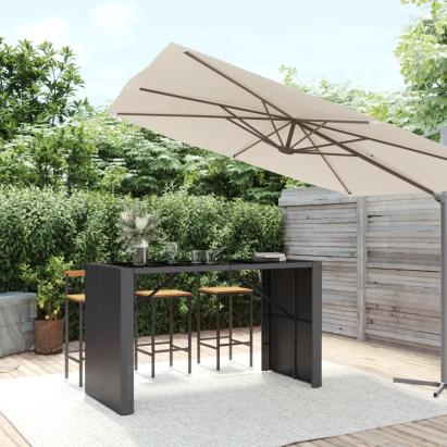 Masă de bar cu blat din sticlă, negru, 185x80x110 cm, poliratan GartenMobel Dekor
