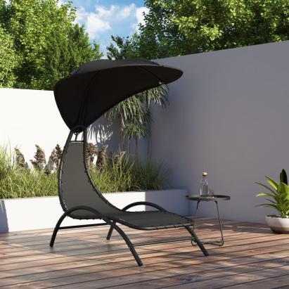 Șezlong cu baldachin, negru, 167x80x195 cm, textil și oțel GartenMobel Dekor