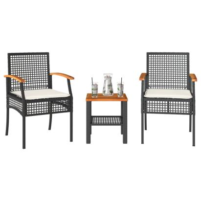 Set bistro cu perne, 3 piese, negru, poliratan și lemn acacia GartenMobel Dekor