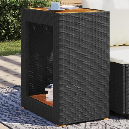 Masă laterală de grădină blat lemn, negru 60x40x75 cm poliratan GartenMobel Dekor